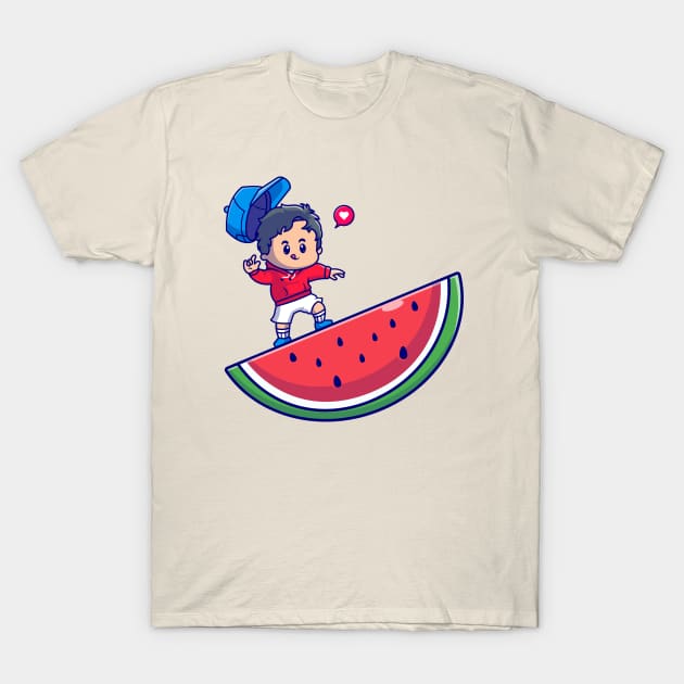 Cute Boy On Watermelon Cartoon T-Shirt by Catalyst Labs